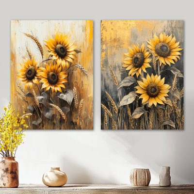 Tournesols dans un pré de blé I - ensemble de 2 impressions murales florales en métal