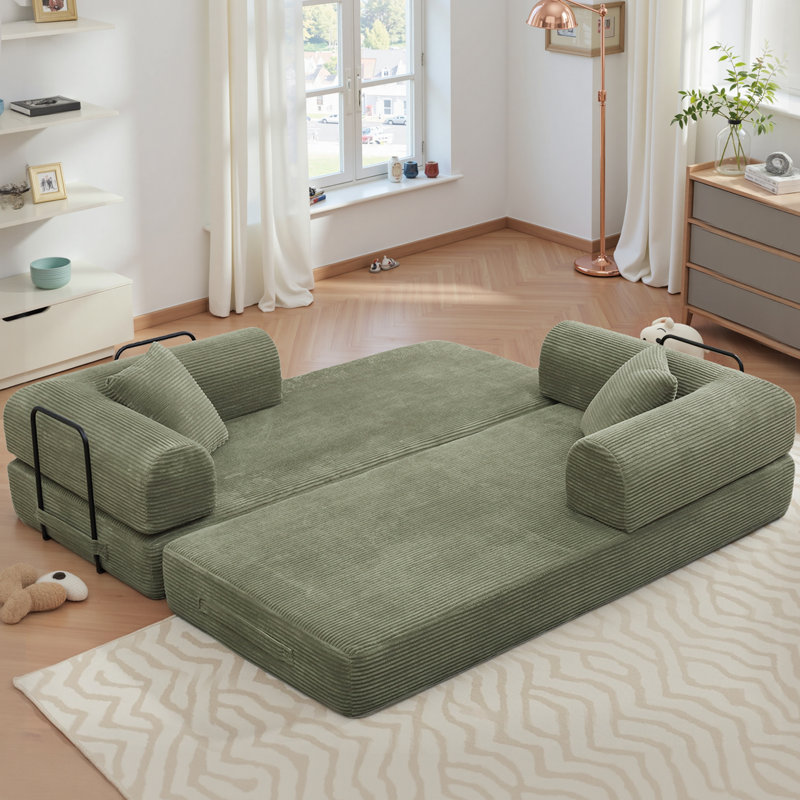 89" Boneless Corduroy Sleeper Sofa Bed, Modular Futon Couch, Compression Foam Sofa with 2 Pillows, No Assembly Required