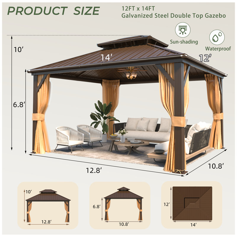 12 Ft. W X 14 Ft. D Gazebo, Hardtop Gazebo With Aluminum Frame, Double Galvanized Steel Roof