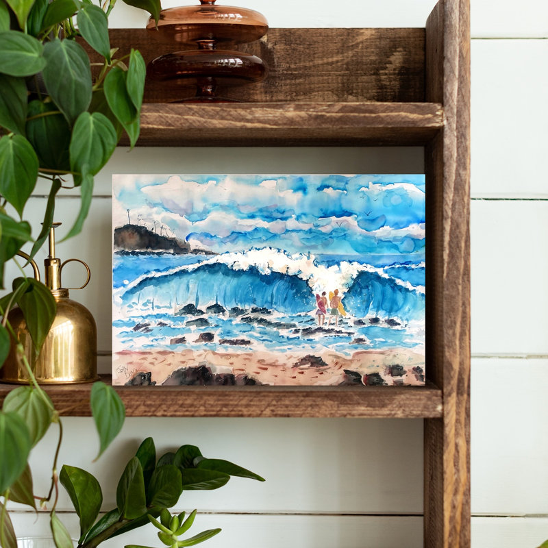«Big Wave Beach Surfers Abstract Palm Tree Coastal», art mural, H 12 po x l 18 po