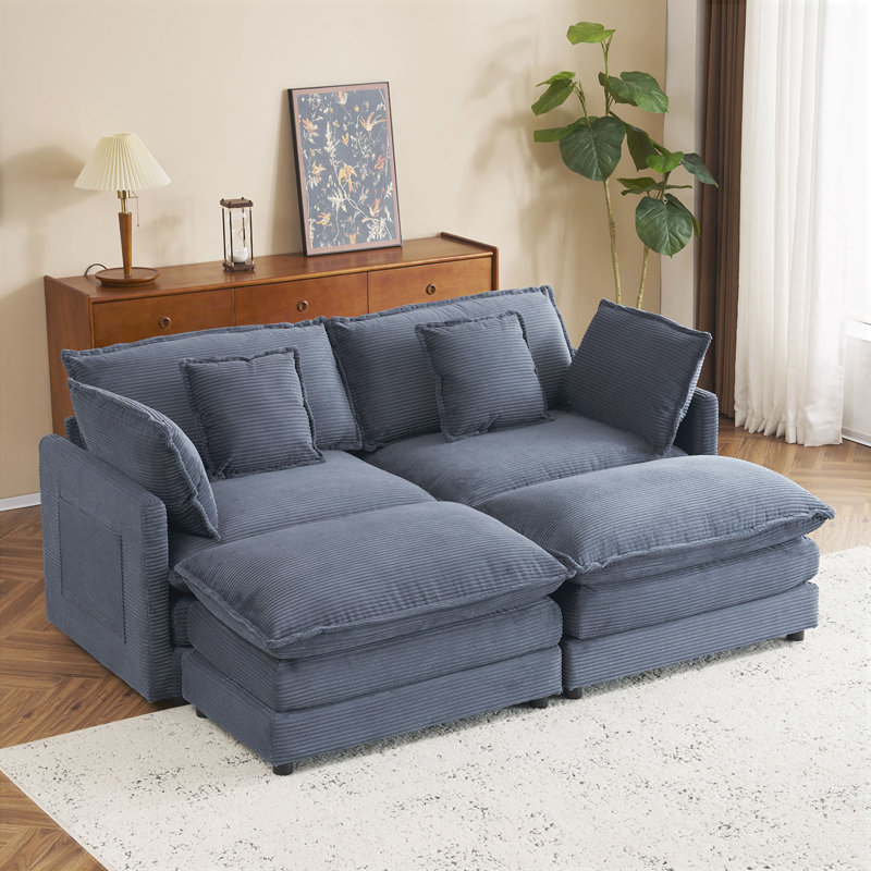 Canapé modulaire moderne avec poches de rangement latérales Russell, Velours côtelé beige, H 35,4 po x l 75,6 po x P 57,1 po