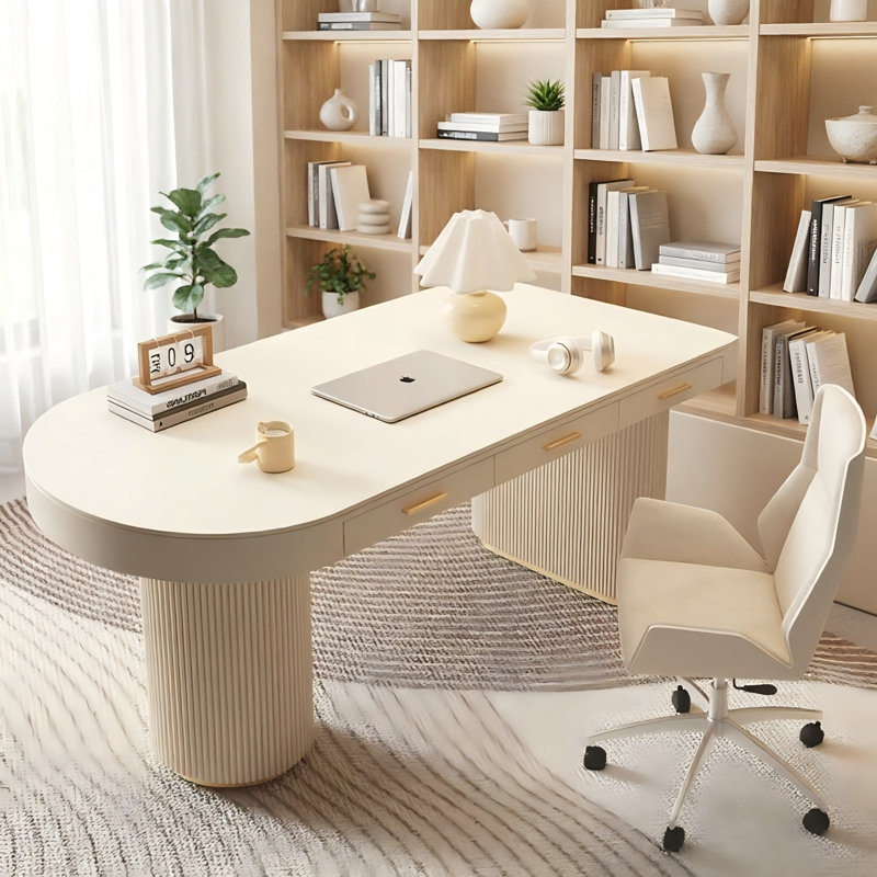 Bureau crème à demi-cercle droit, 3 tiroirs, H 29,53 po x l 55,12 po x P 27,56 po, Retour à gauche