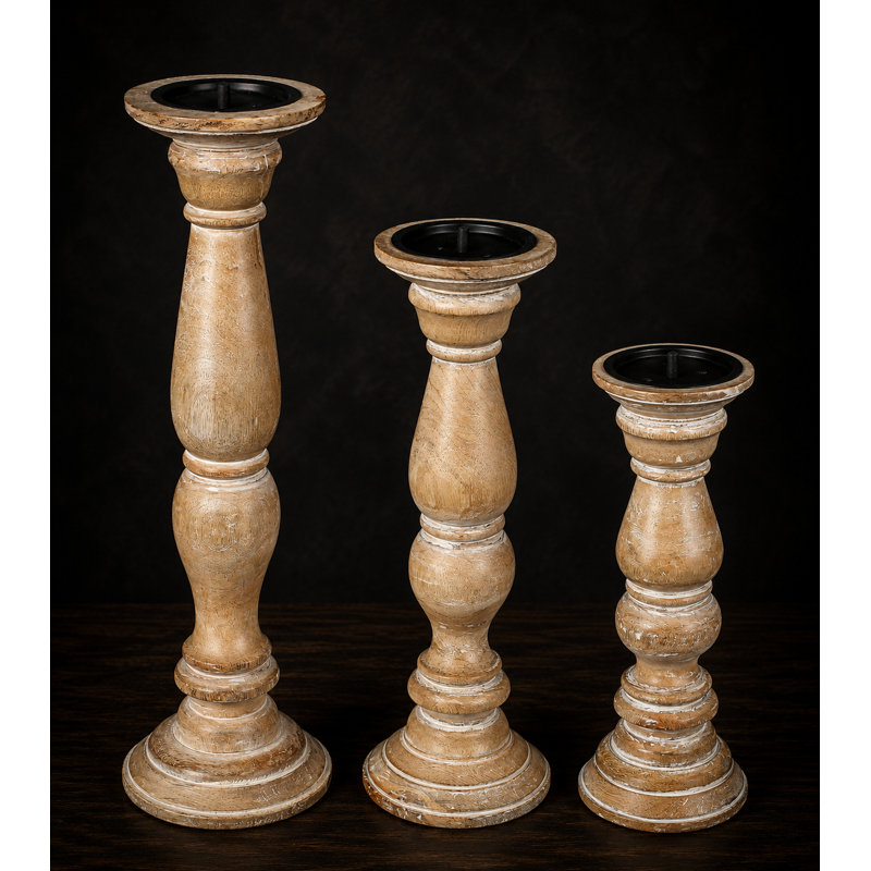 Ensemble de 3 porte-bougies en bois rustique - fini brûlé