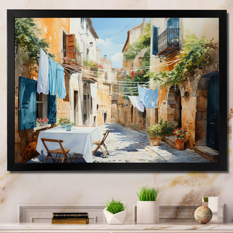 Jour de lessive en Italie I - Art mural, Cadre simple noir, H 12 po x l 20 po x P 1 po
