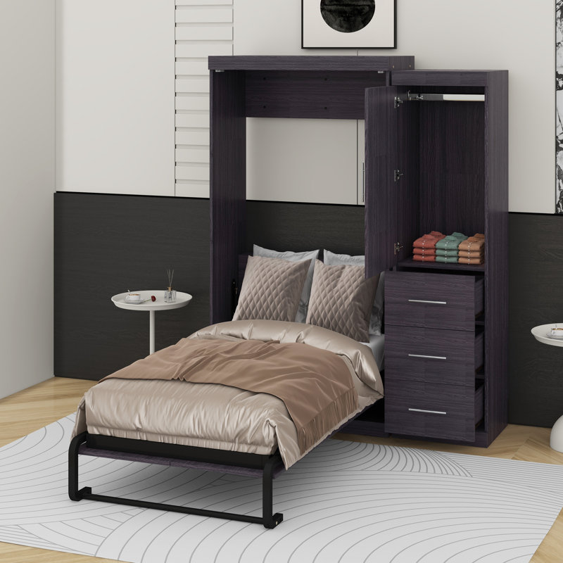 Lit escamotable simple avec garde-robe et tiroirs, Lit simple