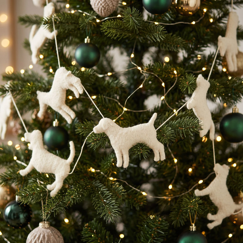 Guirlande de Noël fabriquée à la main en forme de chien crème - 6 pi