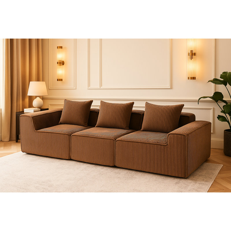 Fauteuil à 3 places en velours côtelé brun, sièges moelleux, conception entièrement compressée, art et style décontracté, aucun assemblage moderne requis