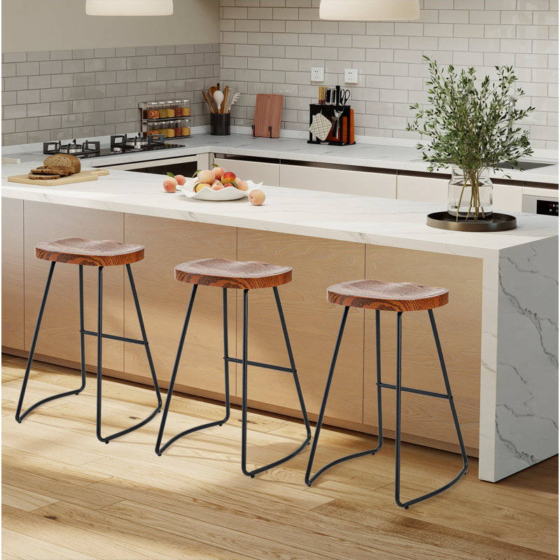 26 Inch Barstool Chair For Kitchen Island, Rustic Saddle, Seat Backless Stools With Metal Leg, Brown, 3