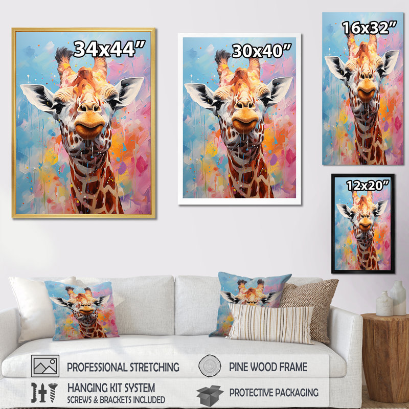 Popart Art, girafe multicolore Grace II sur toile, Cadre flottant noir, H 20 po x l 12 po x P 1 po