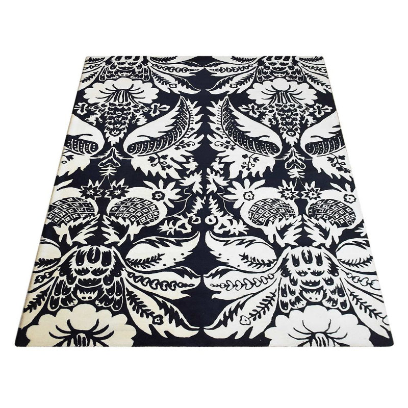 Tapis écologiques en laine touffetée à la main Miah - Rectangle, blanc noir, motif floral moderne, tapis antidérapants faits à la main épais pour le salon, la chambre à coucher 