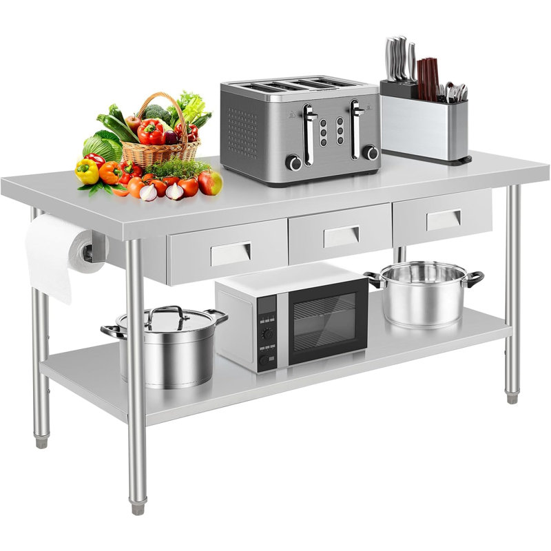 Établi 60 x 24/72 * 24 pouces en acier inoxydable avec 3 tiroirs, porte-serviettes en papier, tables de travail NSF avec tiroir, table de préparation en métal pour la cuisine, salle à manger, garage