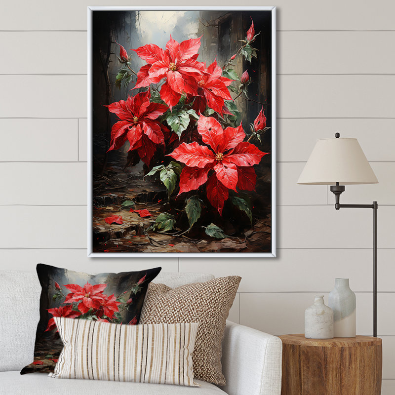 «Red Poinsettias Holiday Velvet Patchwork II» - reproduction d'art sur toile florale et botanique, Cadre flottant blanc