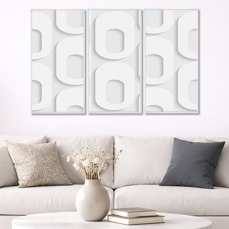 Motif de forme incurvée - ensemble de 3 impressions sur toile flottante, H 20 po x l 36 po x P 1 po, Cadre blanc