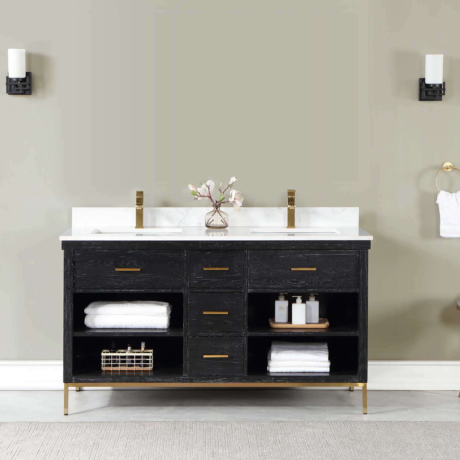 Kesia 60'' Double Bathroom Vanity, Black, Gold