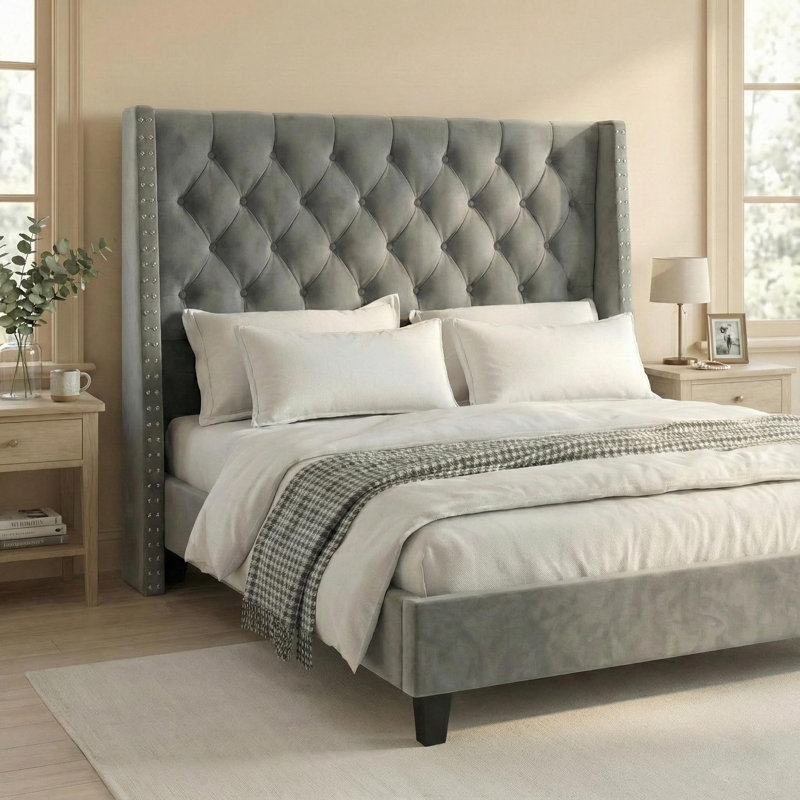 Modern Queen Velvet Upholstered Wingback Bed with Tall Tufted Headboard