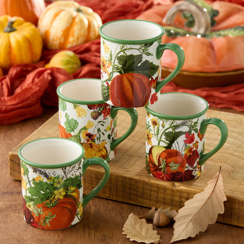Ensemble de 4 tasses à café Farmhouse avec motifs de citrouilles d'automne assortis - Parfait pour le café, le thé, le cacao chaud et le cidre - Va au micro-ondes et au lave-vaisselle