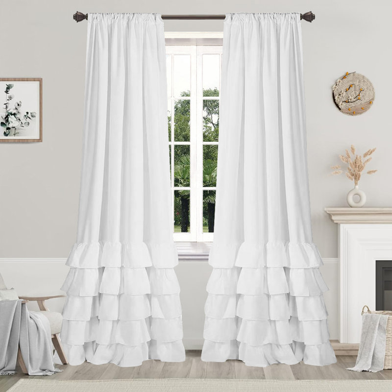 White Ruffle Sheer Curtains Boho Sheer Windows Drapes, 52" W x 108" L