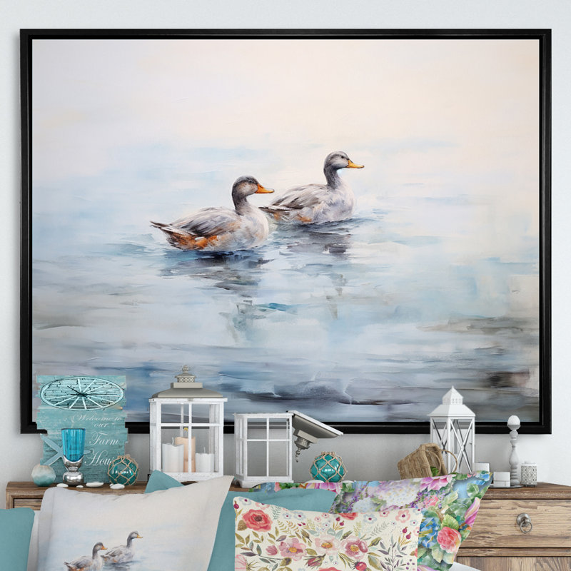 «Brown Ducks», reproduction sur toile, Cadre flottant noir, 16" H x 32" W