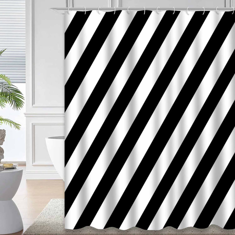 Classic Black Wallpaper White Shower Curtain with 12 Hooks, 72" L x 78" W