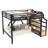 Queen Metal Loft Bed with Storage Stairs, Built-in Wardrobe, Shelves, USB Ports, and LED Lights, Natural Wood-402823247-402823244