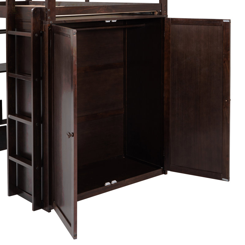 Lit mezzanine simple avec tiroirs, bureau et garde-robe, Simple, Espresso