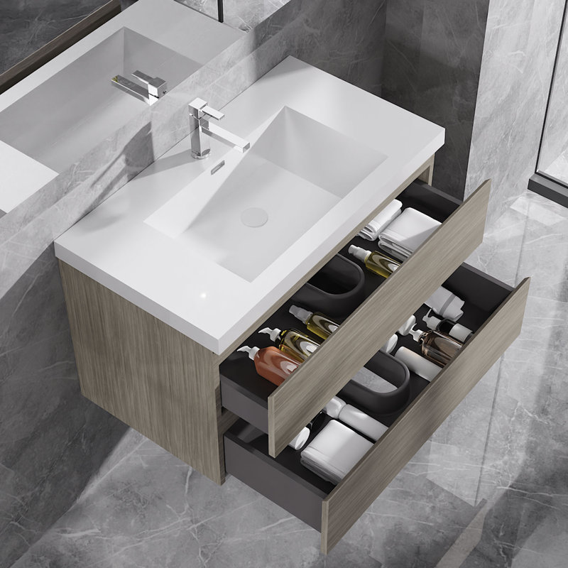 Meuble-lavabo simple flottant simple 42 po avec lavabo à surface solide Dhruven, Naturel