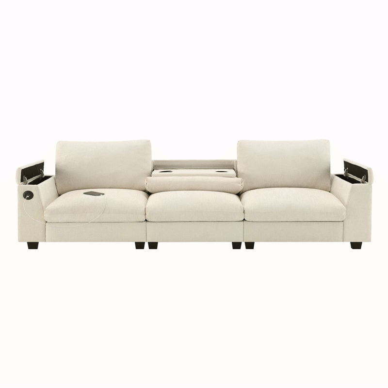 Canapé modulaire en chenille de 96 po x 35 po avec haut-parleur Bluetooth, ensemble de canapé Comfy Cloud avec table rabattable, porte-gobelets, chargeur USB et accoudoir de rangement pour salon, appartement ou bureau