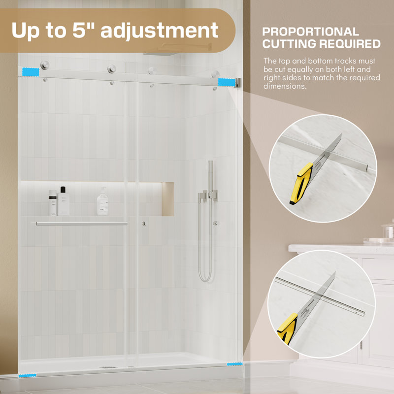 Porte de douche coulissante double sans cadre de 49 à 54 po x H 78 po en nickel brossé avec verre trempé transparent de 1/4 po, revêtement Nano