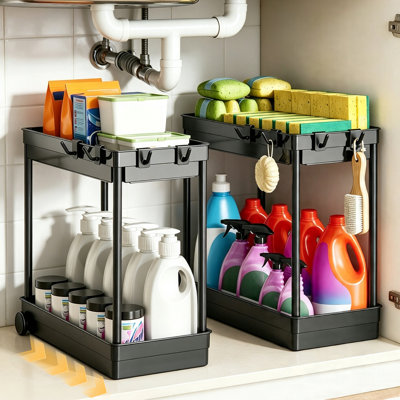 Kisportee 2 Tier Sliding Under Sink Organizer with 4 Wheels and 8 Hooks, Multi-Purpose Kitchen Organizer and Storage, Black