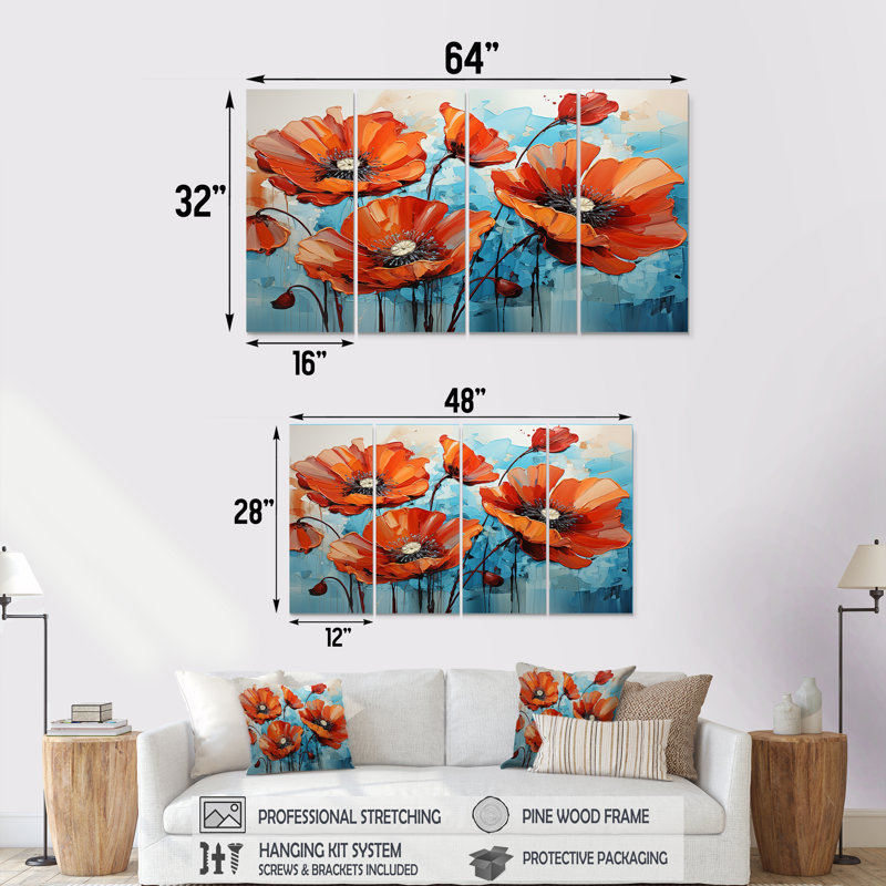 Orange et bleu «Poppy Meadow» - ensemble d'art mural 4 pièces coquelicots, H 28 po x l 48 po