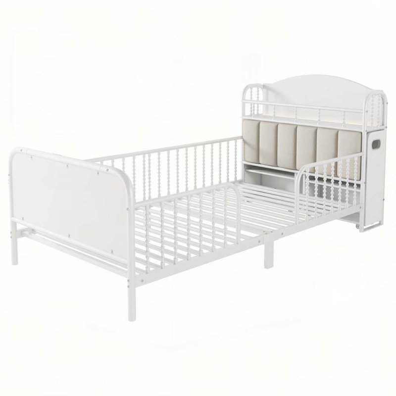 Metal Platform Bed Frame with Light，2  Pull Out Storage Shelves, White