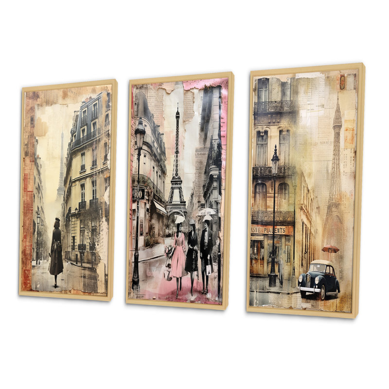 «Paris Chronicles Vintage Collage», 3 pièces sur toile, H 20 po x l 36 po, Cadre naturel flottant