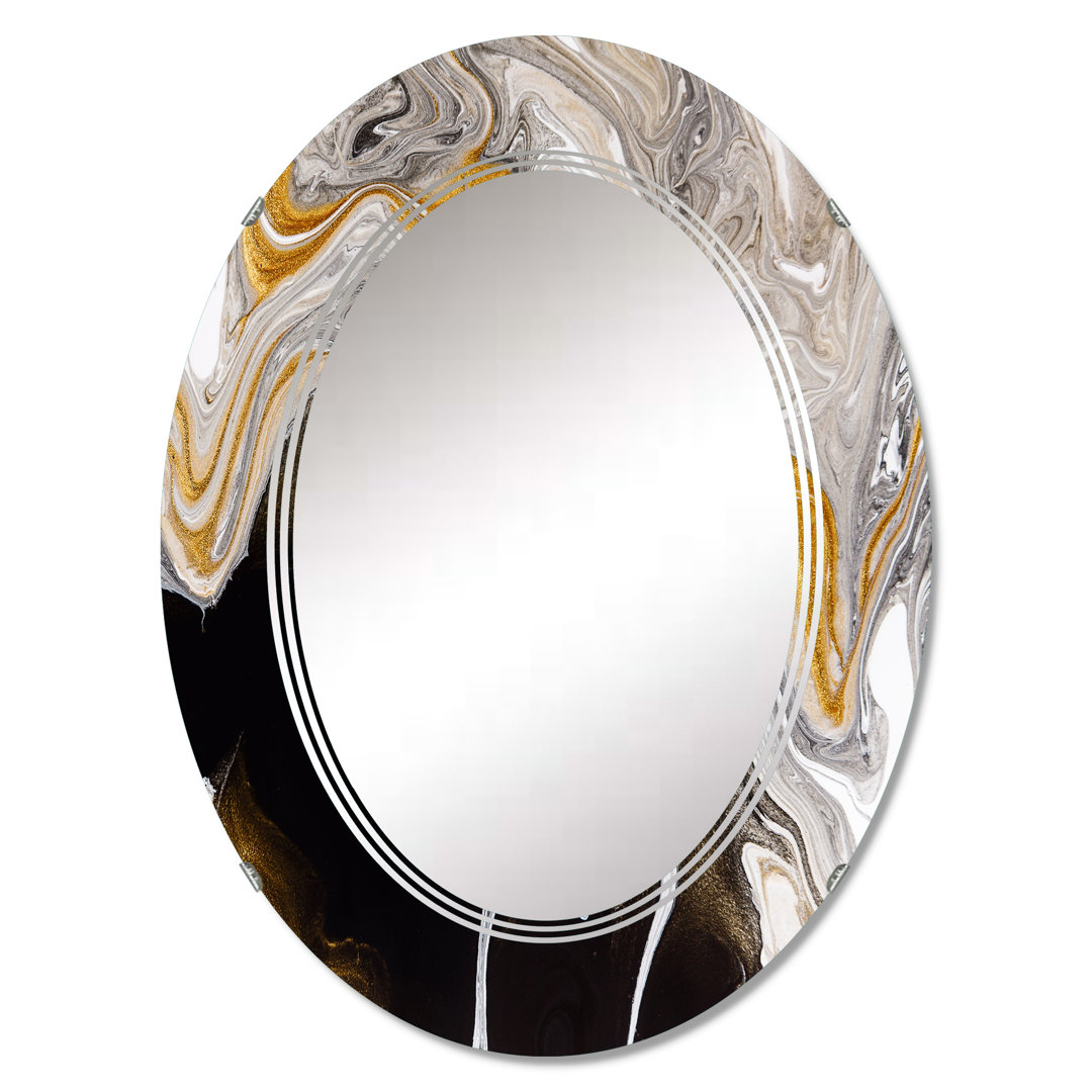 Black And White Liquid Marble Waves IV - Modern Wall Mirror Oval East Urban Home 