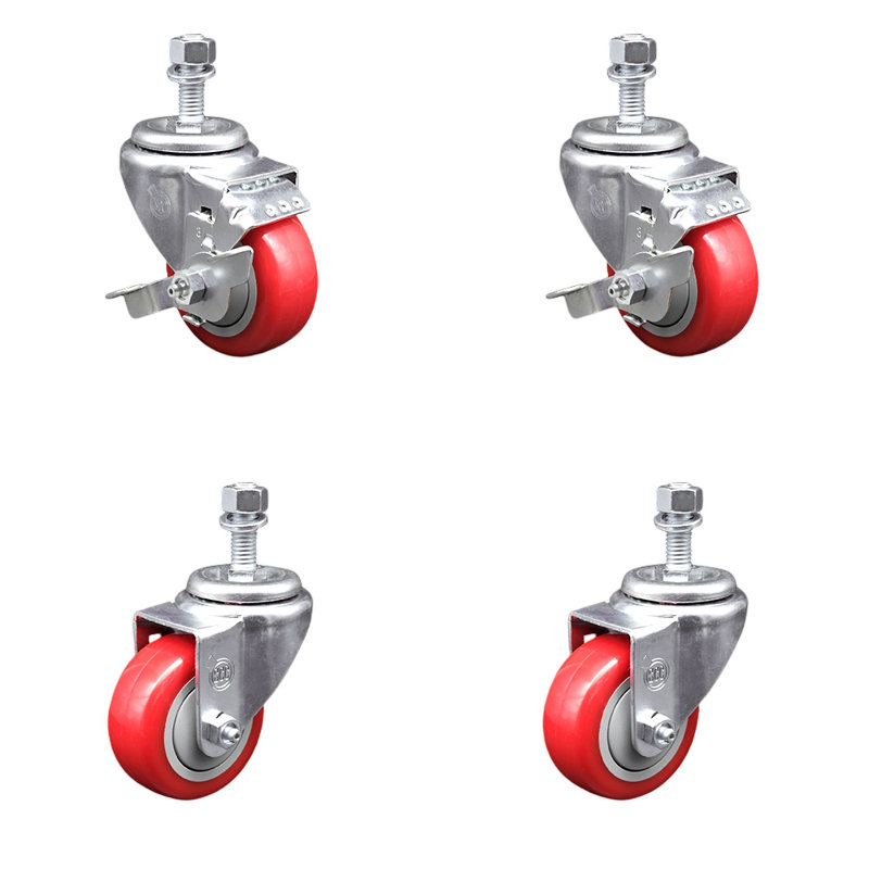 3 Inch_Polyurethane Wheel Swivel 12mm Threaded Stem Caster Set 2 Brake, Red