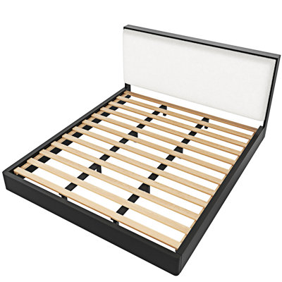 Wood Platform Bed Frame with Upholstered Headboard