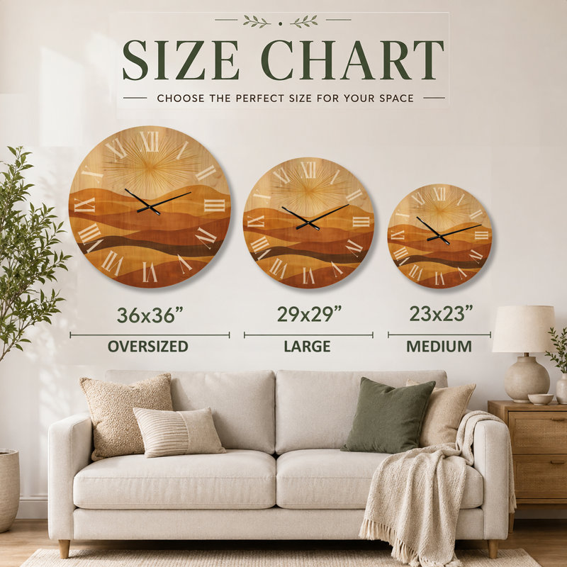 Horloge murale Botanical Vintage Silent Wood - Retro Sunset Over Desert Lines, Large