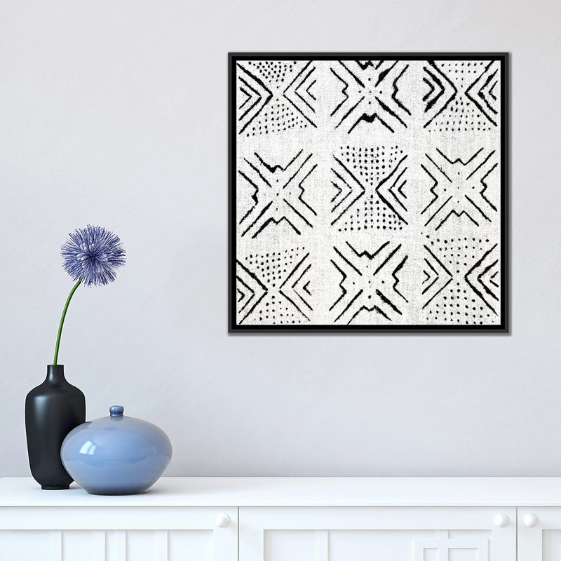 «Mudcloth White Geometric Design IV», impression sur toile, Toile encadrée noire, Pas de tapis, H 18 po x l 18 po x P 1,5 po
