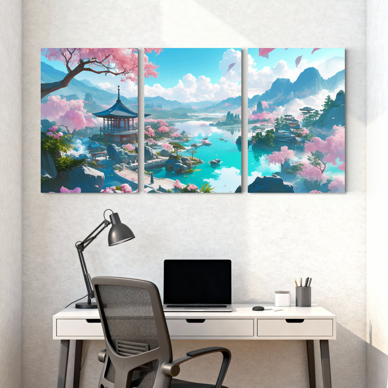 Paysage et nature Cherry Blossom Garden Pavilion Lake Mountains Sky Reflections Spring, ensemble de 3 impressions sur toile