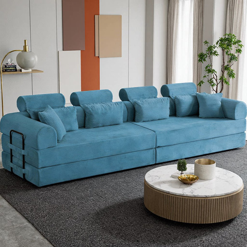 Canapé-lit modulaire en L modulaire avec revêtement en velours côtelé, Bleu ciel