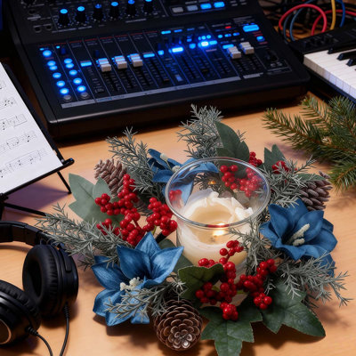 2 pièces de bagues de bougie de poinsettia artificielle avec couronne, décor de pièce maîtresse de table d'hiver avec baies, feuilles de verdure, couronne de ferme pour porte décorations de Noël pour fenêtre de porte