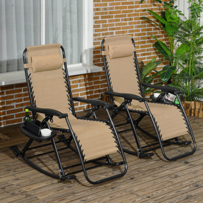 2 Pieces Outdoor Rocking Chairs, Foldable Reclining Zero Gravity Lounge Rocker With Pillow, Cup & Phone Holder, Combo Design With Folding Legs, Beige