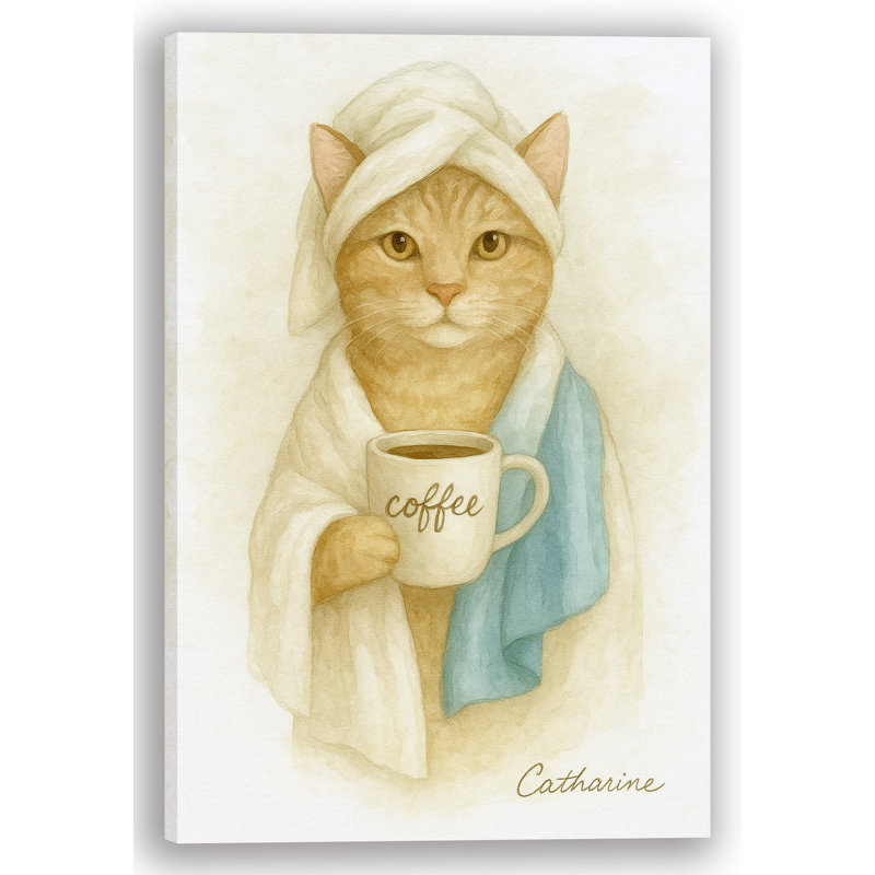 «Spa Day Sips» - Chat en robe avec tasse à café, art sur toile, H 48 po x l 36 po