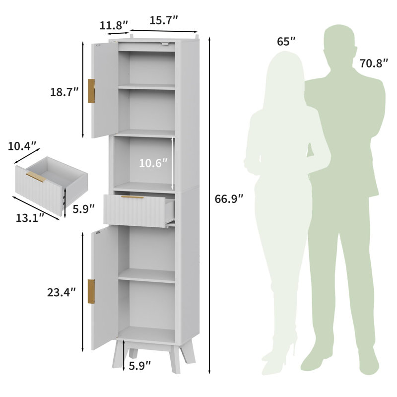 67" Tall Kitchen Food Pantry Fluted Narrow Open Storage Cabinet with Drawer and 2 Doors, White