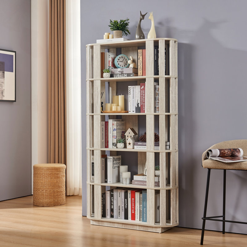 Bibliothèque ovale en bois ouverte à 5 niveaux avec assemblage facile, Light Gray