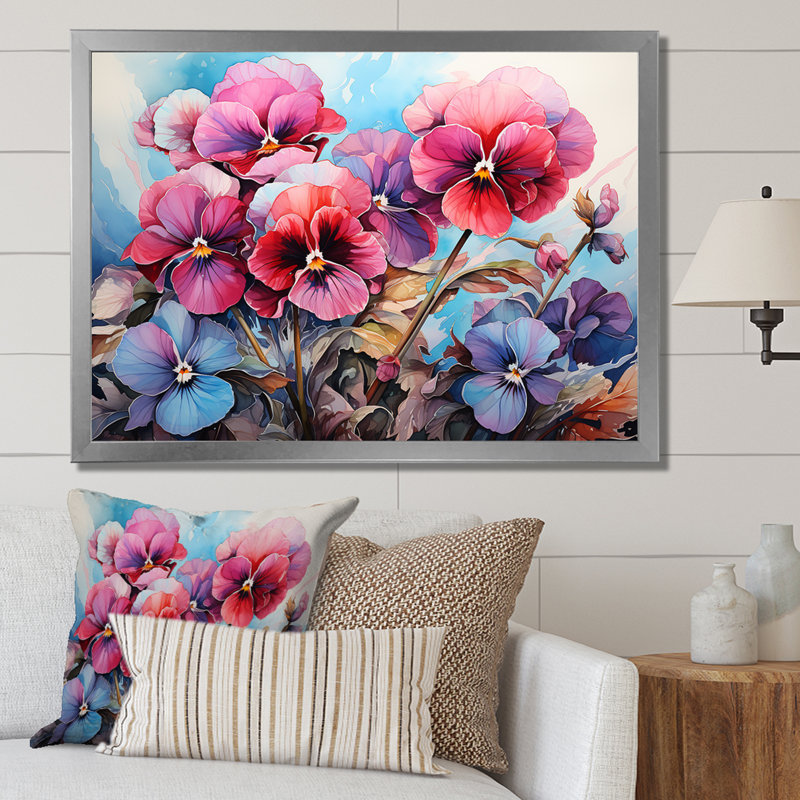 «Pink Pansies Charm In Mountain Scenery», reproduction sur toile, Cadre photo argenté, H 30 po x l 40 po x P 1,5 po