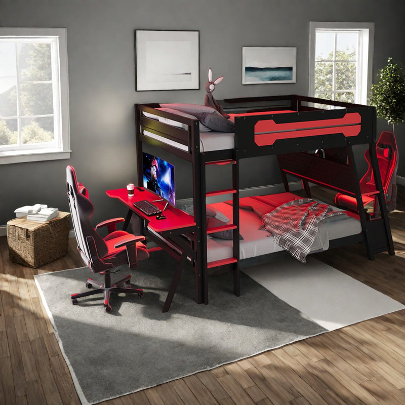 Lits de jeu multifonctionnels en bois rouge avec rangement et ports USB