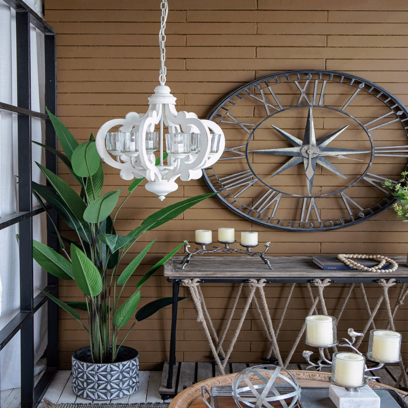 Luminaire suspendu en bois de style campagnard à 6 lumières Chandelier, Beige