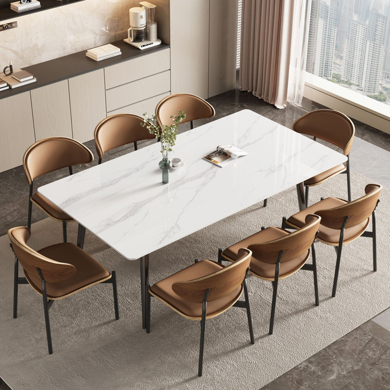 63" Rectangular Porcelain Sintered Stone Dining Bench Table with Black Tapered Steel Legs - Table Only
