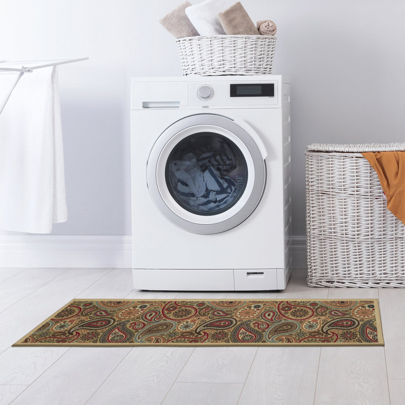 Beige and Red Synthetic Paisley Non-Slip Runner Rug