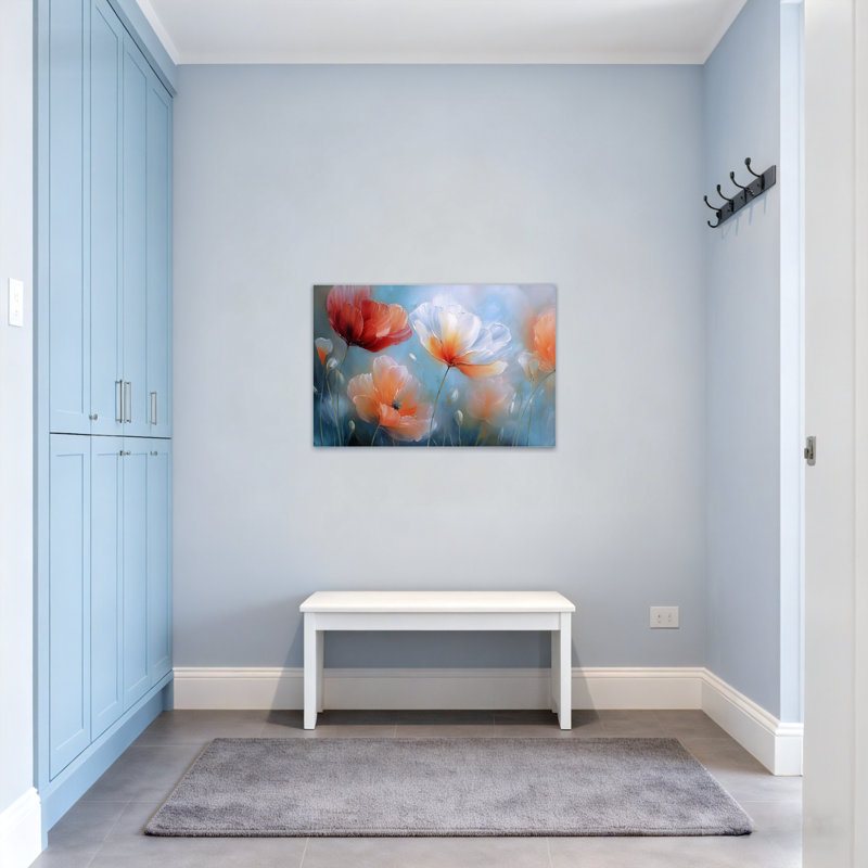 Plantes et fleurs coquelicots, fond bleu doux, H 20 po x l 30 po